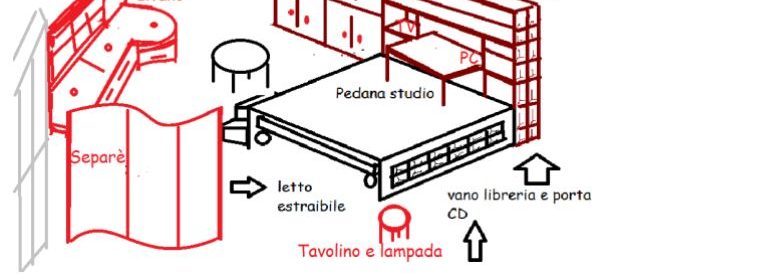 Arredo monolocale: progetto - pedana con letto scrivania e angolo cottura