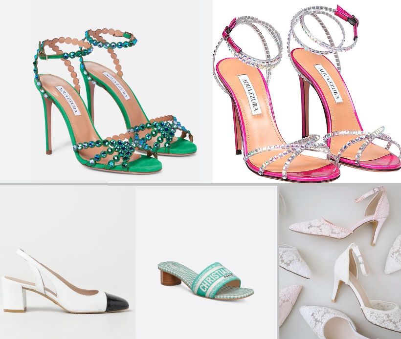 Scarpe e tacchi alla moda 2024 - Sandali gioiello Aquazzura in alto - slingback Stuart Weitzman - Ciabattina Dior verde - Scarpe in pizzo