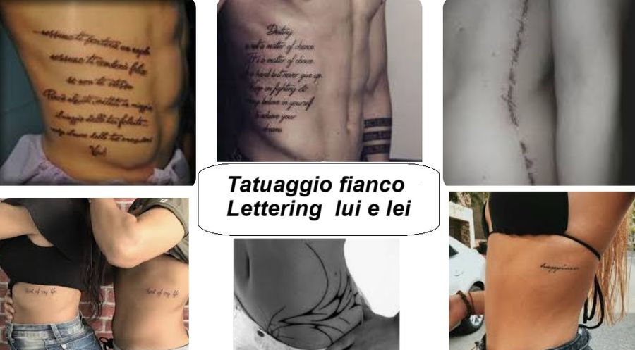 Tatuaggio fianco uomo e donna lettering e astratto